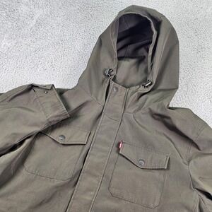 Levis Jacket Mens XL Green Hooded Canvas Parka Full Zip Mesh Lined Pockets